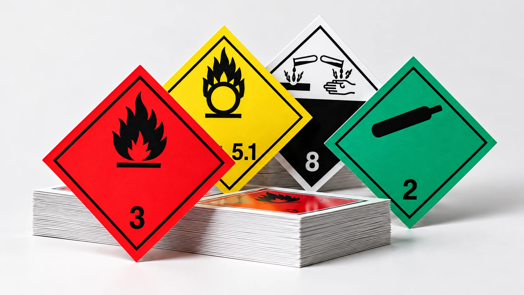 Gefahrgutetiketten der Klassen 3, 5.1, 8 und 2 sowie ein Etikettenstapel